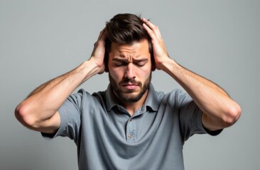 worried young caucasian man holding head with both hands against neutral background. stress and anxiety concept. emotional expression. lifestyle, mental health