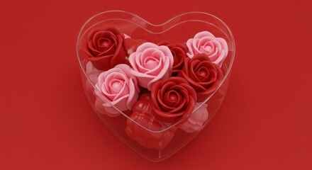 A clear, heart-shaped container holds a cluster of pink and red roses against a vibrant red backdrop. The roses appear soft and artificial