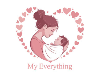 Loving mother gently cradles newborn baby in soft blanket surrounded by pink hearts