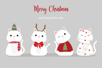Merry Christmas and Happy New year banner with cute white cat and winter costume. Cat cartoon character for holidays vector flat illustration.
