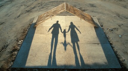 Shadows of a family on a house foundation under construction