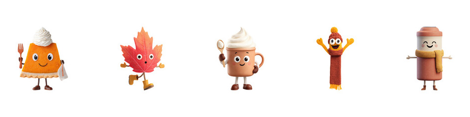 Autumn Characters: Pumpkin Pie, Maple Leaf, Hot Cocoa, Scarf, And Thermos. Celebrating Fall Festivities Isolated On Transparent Background