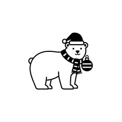 Fototapeta premium Polar bear wearing santa hat and striped scarf cute silhouette