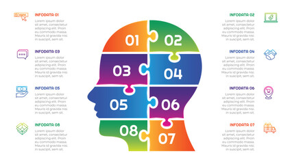 8 Steps Gradient Thinking Head Puzzle Infographic Element. Modern and clean design for presentations, reports, and web