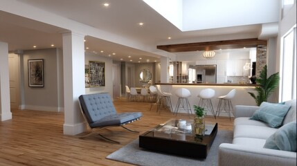 Fototapeta premium Modern open-concept living room and kitchen with elegant decor and seating