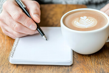Hand holding pen, writing in blank notebook beside a cup of latte art coffee on wooden table, capturing the essence of a digital nomad's workspace and creativity. digital nomad