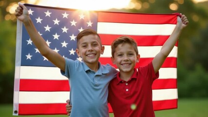 Young friends proudly display the American flag in a lush green park - Powered by Adobe