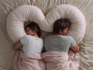 Couple sleeping with their heads on a heart-shaped pillow