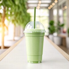 Healthy Green Smoothie in Takeaway Cup with Straw on Table – Refreshing Vegan Matcha or Avocado Drink in Natural Cafe Interior Background