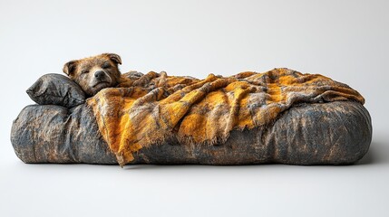 Cute brown dog sleeping on textured grey dog bed under warm orange and grey checkered blanket symbolizing cozy comfort relaxation and peaceful pet companionship