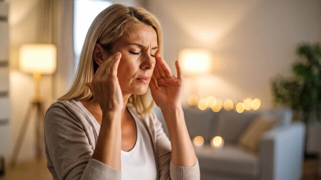 Woman holds head experiencing discomfort and pain, migraine