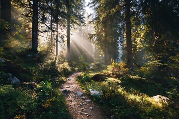 Obraz premium Beautiful summer landscape in the mountains. The path in the woods.