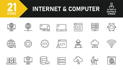 Fototapeta premium Internet and Computer line icon set. Set of 21 outline icons related to internet, computer, network, online, website, server, software, hardware and others. Editable stroke. Vector illustration.