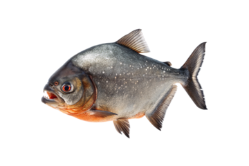 Silver-gray piranha fish with orange belly and distinctive sharp teeth visible, isolated on a transparent background