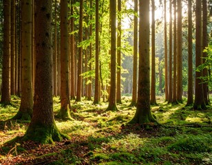 Sunlight filtering through a dense forest