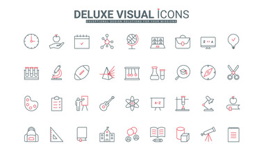 Education at school, college and university line icons set. Knowledge of physics and chemistry, online language learning, test for student thin black and red outline symbols, vector illustration