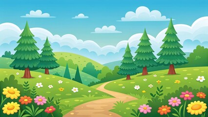 Beautiful Cartoon Landscape with Green Hills, Forest Path and Colorful Flowers - Nature Illustration