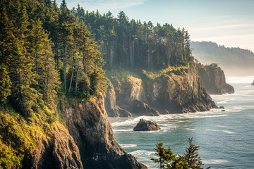 Rugged forest cliffs meet ocean waves rugged coastline