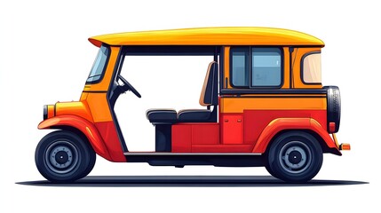 Fototapeta premium design of auto rickshaw (tuk tuk), side view, bold colors, minimal shadows, white background, modern and iconic illustration