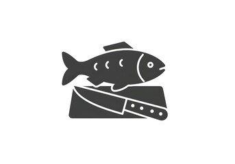 A monochrome illustration of a fish lying on a cutting board with a knife placed across it