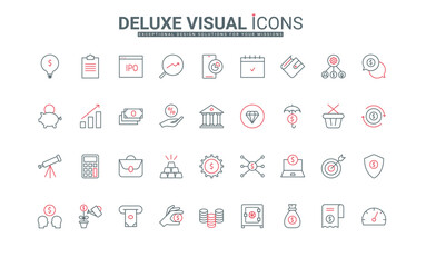 Economy, income and money savings line icons set. Cash flow and revenue growth of investors, company capital and ESG, profit for piggy bank and wallet thin black and red symbols vector illustration