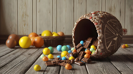 Chocolate Easter basket overflowing with candy and chocolate pieces on wooden floor, beside colorful eggs