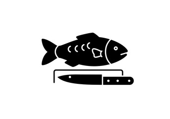 A black silhouette of a fish on a cutting board with a knife ready for preparation icon