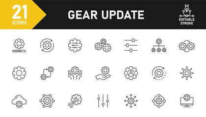 Gears Updates line icon set. Set of 21 outline icons related to gear, update, control, tool, system, configuration, settings and others. Editable stroke. Vector illustration.