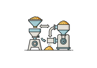 Illustration of two machines processing material with arrows indicating the flow direction