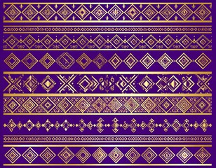 Gold geometric patterns on a purple background