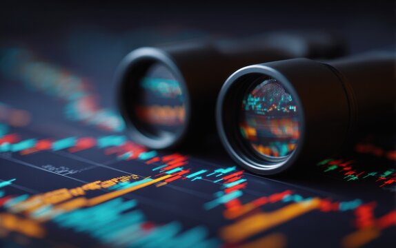 Analysis of stock market trends through binoculars at night for detailed observation of financial data - Powered by Adobe