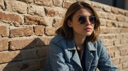 A young Caucasian woman with sunglasses relaxes against a rustic brick wall, exuding a cool and laid-back vibe.