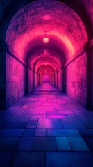Obraz premium Arched Stone Tunnel Glowing with Neon Pink and Blue Lighting