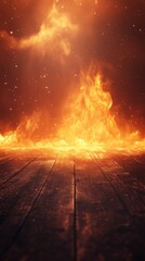 Fiery Inferno Background with Wood Plank Floor and Bright Orange Flames