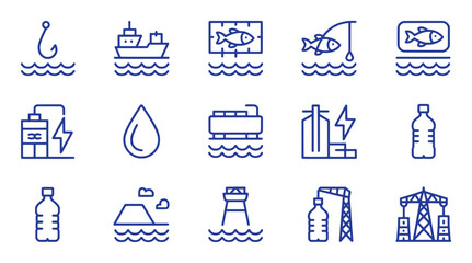 Fototapeta premium Fishing boat water drop energy power tower bottle collection vector silhouette