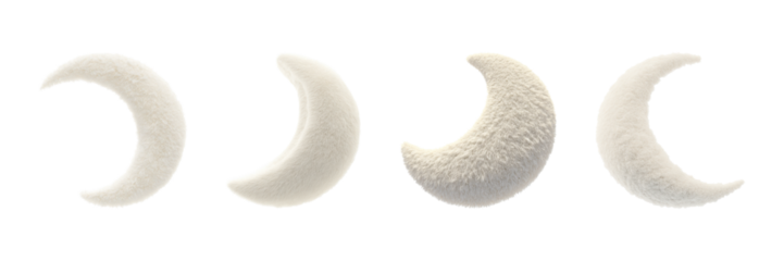 Fuzzy Crescent Moon Shapes Set. Soft Textured Decorative Elements Collection Isolated On Transparent Background