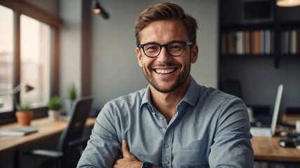 Obraz premium Smiling young man with glasses in a modern office setting, exuding confidence and professionalism.