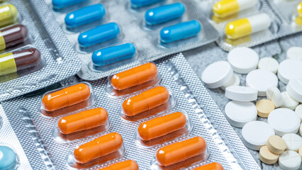 Variety of medicines and drugs.Medicine and healthcare concept.Variety of medicines and drugs.Medicine and healthcare concept.Pill for the prescription and treatment various diseases chemistry