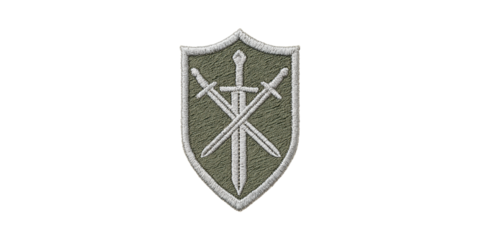 Embroidered Military Shield Patch With Crossed Swords. Symbol Of Defense And Honor Isolated On Transparent Background