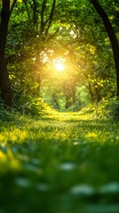 Fototapeta premium Walking Path Through Green Forest with Sunlight Shining Through Trees