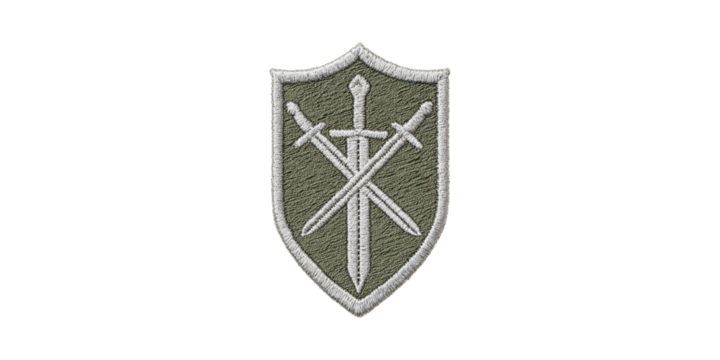 Embroidered Military Shield Patch With Crossed Swords. Symbol Of Defense And Honor Isolated On Transparent Background