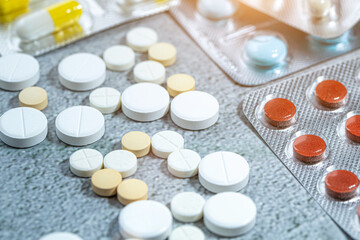 Variety of medicines and drugs.Medicine and healthcare concept.Variety of medicines and drugs.Medicine and healthcare concept.Pill for the prescription and treatment various diseases chemistry