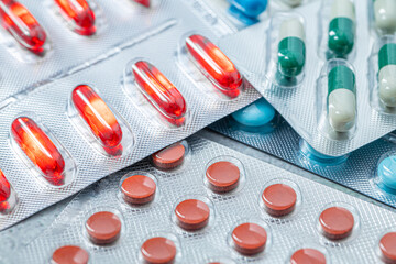 Variety of medicines and drugs.Medicine and healthcare concept.Variety of medicines and drugs.Medicine and healthcare concept.Pill for the prescription and treatment various diseases chemistry