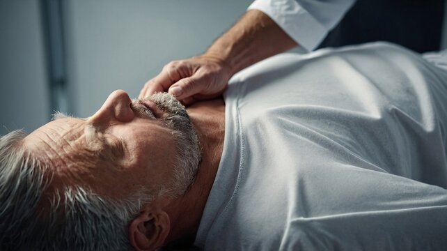 A senior Caucasian man receiving a relaxing neck massage, eyes closed in serenity.