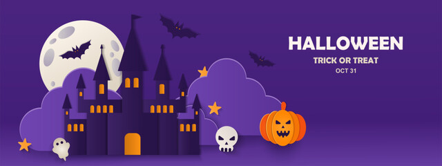 Spooky Haunted House Paper cut poster. Vector illustration. Happy Halloween Scene, Full Moon, Bats. Banner party invitation background