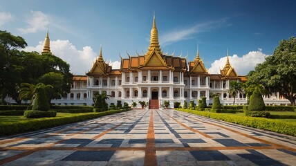 Naklejka premium A majestic view of a grand temple showcasing intricate architecture under a bright blue sky.