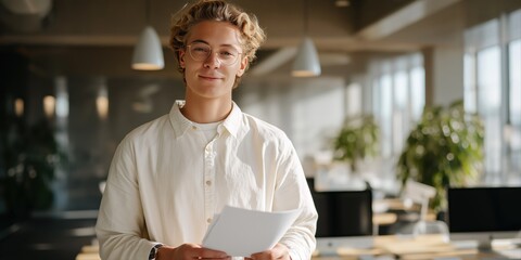 Young caucasian male professional holding document in modern office environment