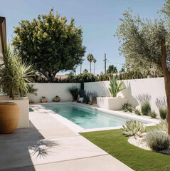 Fototapeta premium Well-designed backyard with synthetic grass, lavender, rosemary, and ceramic planters