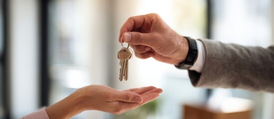 Handing over keys to a new home during a joyful real estate transaction in a modern office setting
