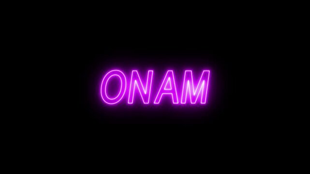 flickering neon onam text animated on black background. neon onam text animation. 4k